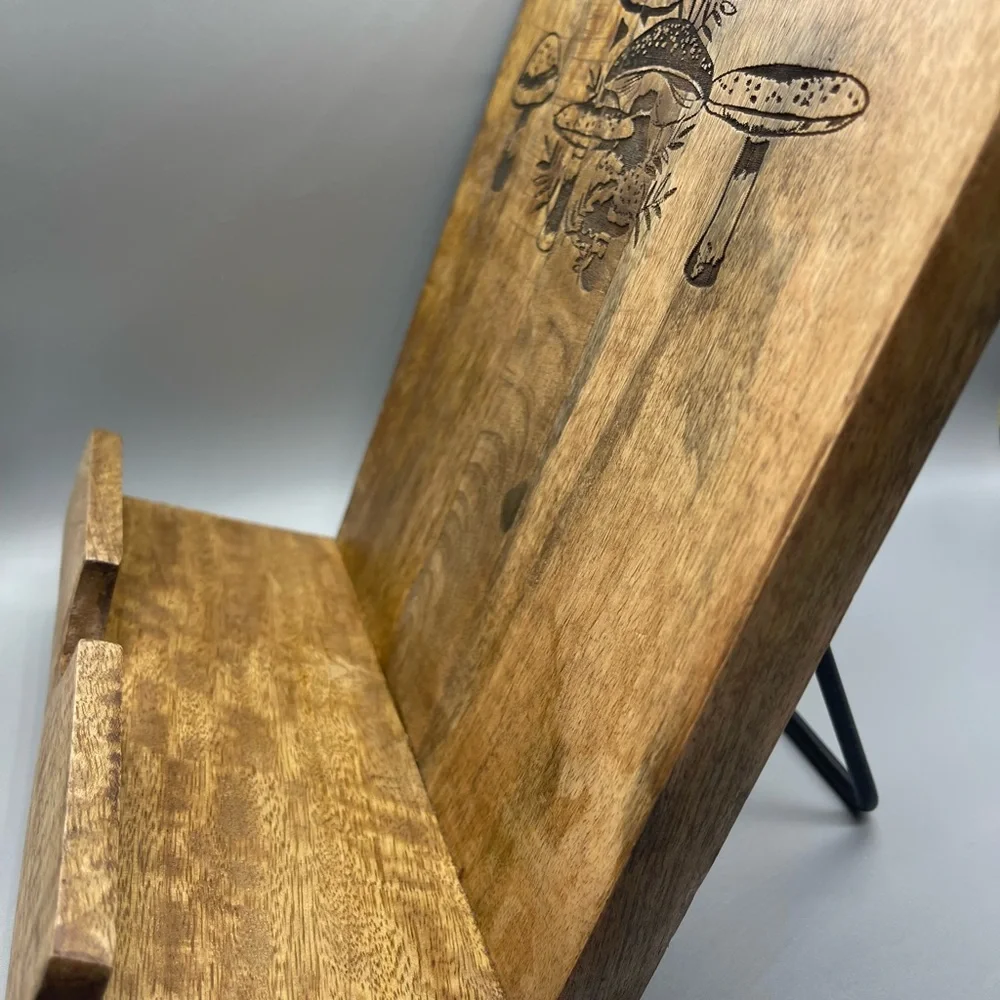 Wooden Cookbook Holder with Engraved Mushroom Design, New - Picture 2 of 6